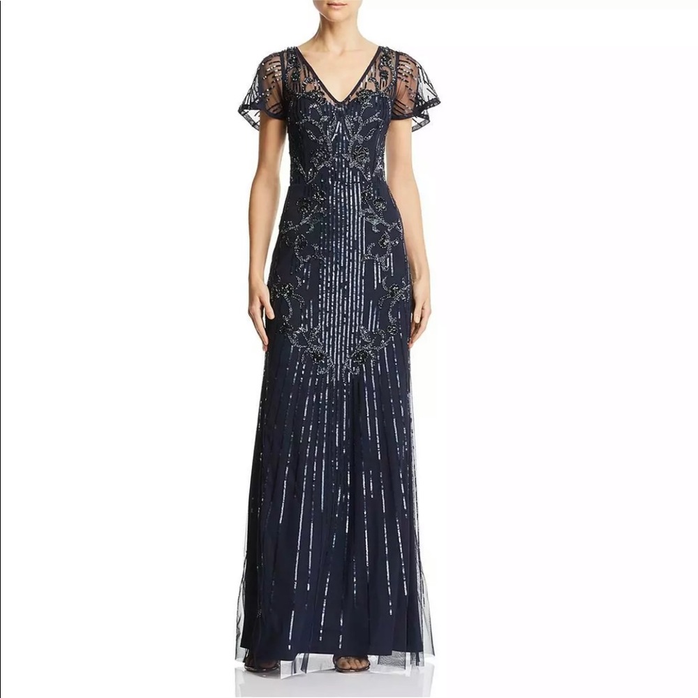 Aidan Mattox Navy Beaded V-Neck Evening dress